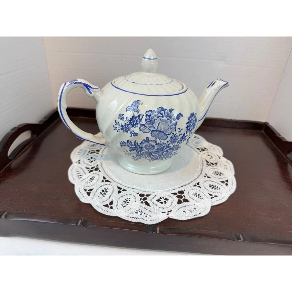 Vintage Royal Crownford Charlotte Blue and White Floral Ceramic Teapot Ironstone